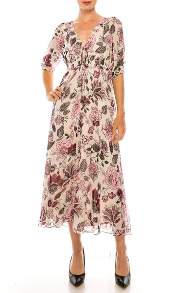 Sophisticated A-line V-neck Tea Length Summer 3/4 Elbow Length Sleeves Tropical Print Natural Waistline Front Zipper Crinkled Flowy Plunging Neck Dress