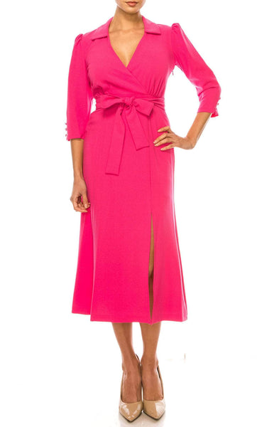 A-line V-neck Slit Belted Bubble Dress Tea Length Natural Waistline Collared Dress With a Sash
