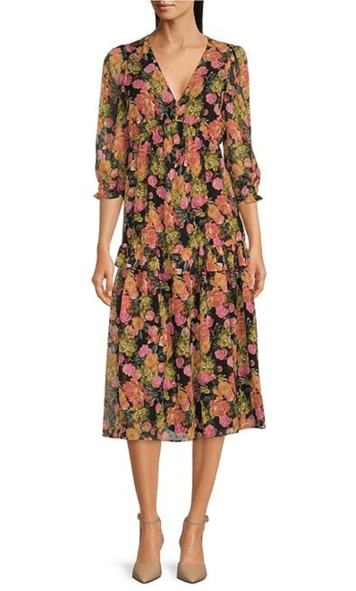 Sophisticated A-line V-neck 3/4 Sleeves Tea Length Tiered Natural Waistline Floral Print Plunging Neck Dress With Ruffles