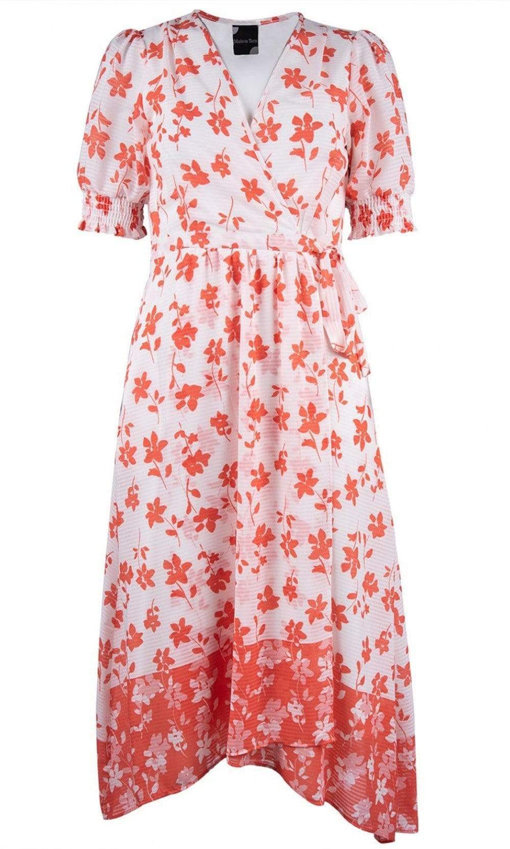 Maison Tara - 95014M Floral Print V Neck Faux Wrap Dress
