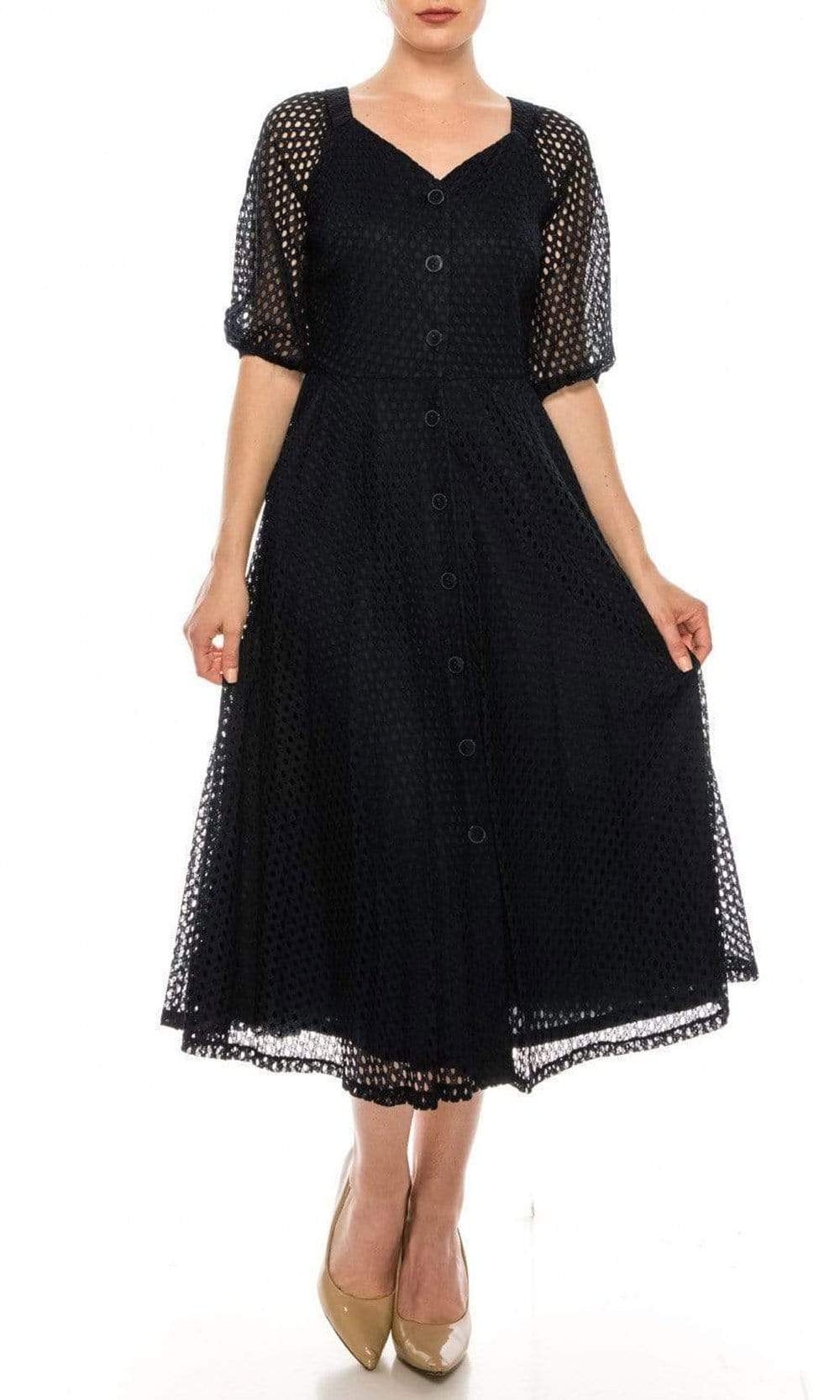 Maison Tara - 95055M Short Sleeve Eyelet A-Line Dress
