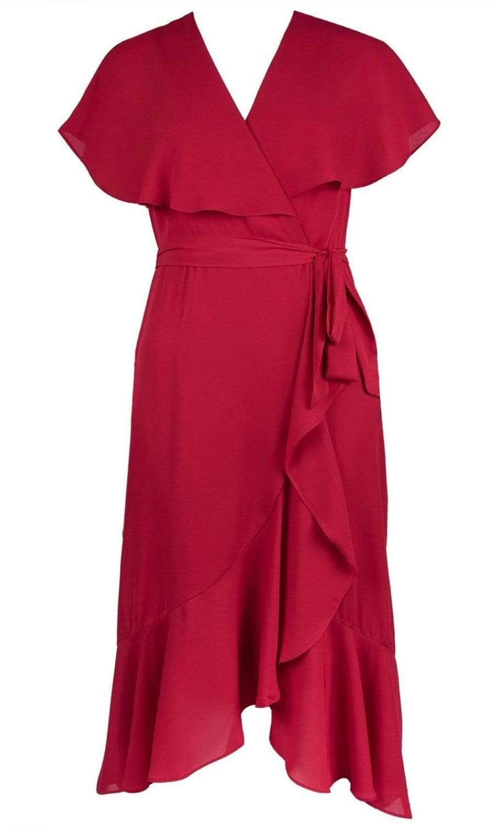 Maison Tara - 95071M Cape Sleeved Illusion Wrap Ruffle Dress
