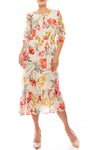 A-line Ruffle Trim Floral Print Illusion Elasticized Natural Waistline Chiffon Jeweled Neck Smocked Tea Length Dress