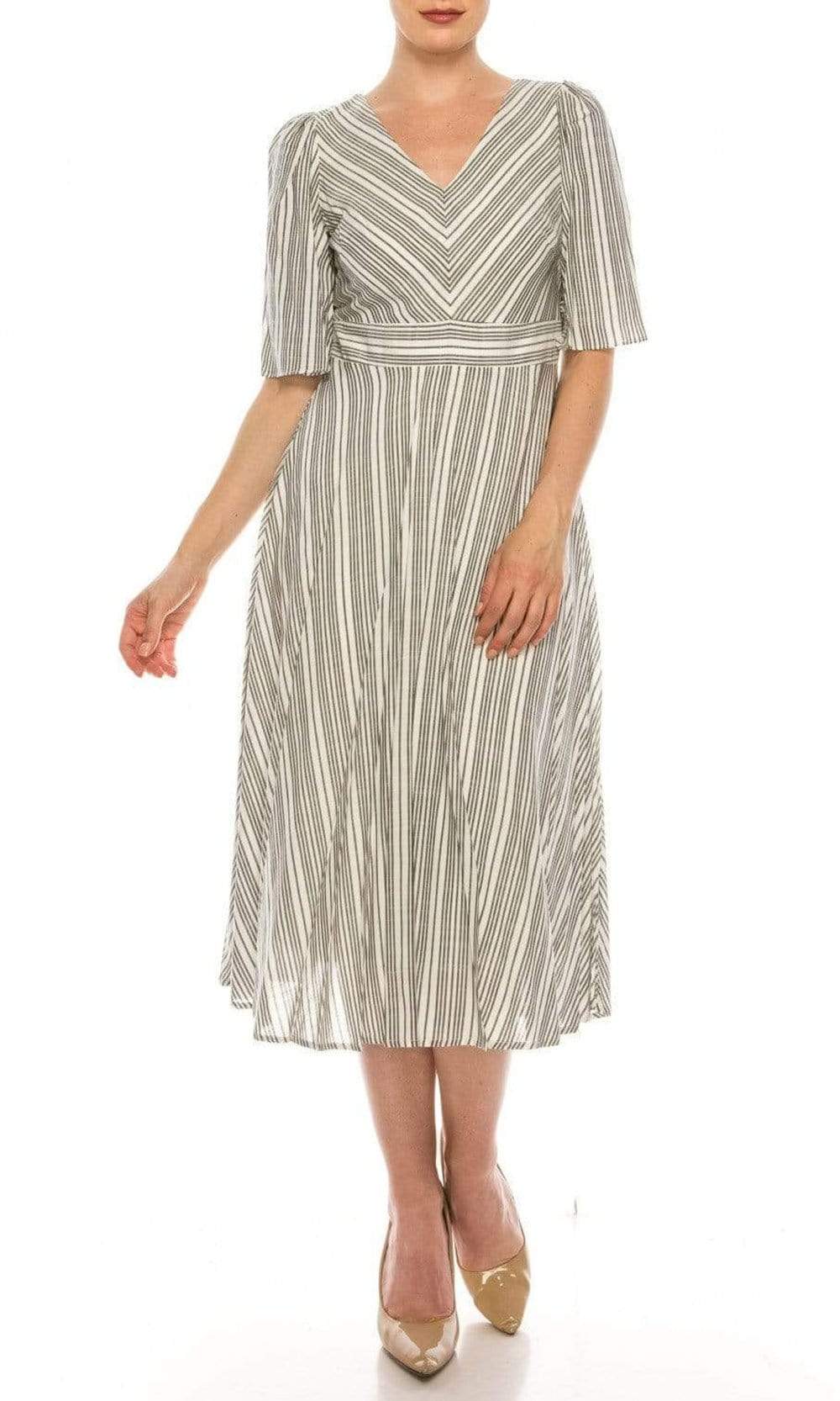 Maison Tara - 95100M Short Sleeve Stripe Tie Back Dress
