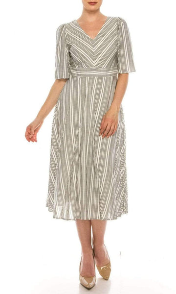 A-line V-neck Tea Length Striped Print Back Zipper Open-Back Vintage Short Sleeves Sleeves Natural Waistline Dress