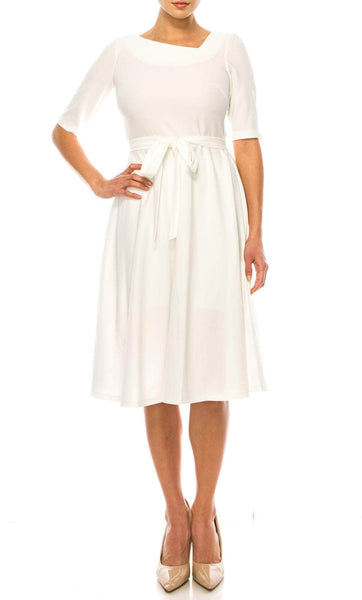 A-line Asymmetric Belted Back Zipper Elbow Length Sleeves Above the Knee Natural Waistline Dress With a Sash
