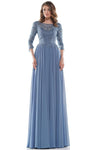 Sophisticated Modest A-line Floor Length Chiffon Natural Waistline V Back Gathered Sheer Embroidered Hidden Back Zipper Mesh Beaded Bateau Neck Sheer 3/4 Sleeves Dress