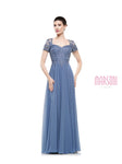 A-line Short Sleeves Sleeves Illusion Back Zipper Sheer Beaded Natural Waistline Floor Length Queen Anne Neck Dress with a Brush/Sweep Train With a Ribbon