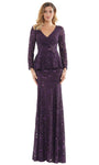 V-neck Floor Length Lace Mermaid Natural Waistline Long Sleeves Back Zipper Beaded Evening Dress