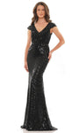 V-neck Cap Sleeves Sequined Beaded V Back Back Zipper Mesh Fitted Sheath Floor Length Natural Waistline General Print Sheath Dress with a Brush/Sweep Train