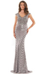 V-neck General Print Cap Sleeves Sheath Sequined Beaded Fitted Mesh Back Zipper V Back Floor Length Natural Waistline Sheath Dress with a Brush/Sweep Train