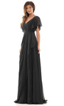 A-line V-neck Empire Waistline Shirred Gathered Wrap Draped Ruched Flutter Sleeves Chiffon Evening Dress with a Brush/Sweep Train