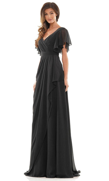 A-line V-neck Ruched Gathered Wrap Draped Shirred Flutter Sleeves Chiffon Empire Waistline Evening Dress with a Brush/Sweep Train