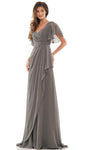 A-line V-neck Chiffon Ruched Gathered Wrap Shirred Draped Flutter Sleeves Empire Waistline Evening Dress with a Brush/Sweep Train
