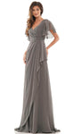 A-line V-neck Chiffon Empire Waistline Flutter Sleeves Wrap Draped Shirred Gathered Ruched Evening Dress with a Brush/Sweep Train