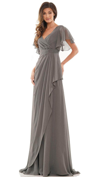 A-line V-neck Gathered Ruched Shirred Draped Wrap Flutter Sleeves Empire Waistline Chiffon Evening Dress with a Brush/Sweep Train