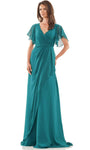 A-line V-neck Chiffon Flutter Sleeves Empire Waistline Wrap Draped Shirred Ruched Gathered Evening Dress with a Brush/Sweep Train