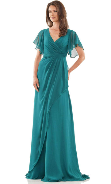 A-line V-neck Flutter Sleeves Wrap Gathered Shirred Draped Ruched Empire Waistline Chiffon Evening Dress with a Brush/Sweep Train