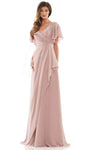 A-line V-neck Flutter Sleeves Chiffon Empire Waistline Shirred Ruched Gathered Wrap Draped Evening Dress with a Brush/Sweep Train