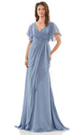 A-line V-neck Chiffon Shirred Draped Gathered Wrap Ruched Empire Waistline Flutter Sleeves Evening Dress with a Brush/Sweep Train