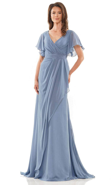 A-line V-neck Empire Waistline Flutter Sleeves Wrap Gathered Ruched Shirred Draped Chiffon Evening Dress with a Brush/Sweep Train