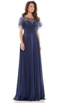 A-line Floor Length Bateau Neck Sweetheart Chiffon Sheer Illusion Beaded Keyhole Pleated Back Zipper Natural Waistline Flutter Short Sleeves Sleeves Evening Dress with a Brush/Sweep Train