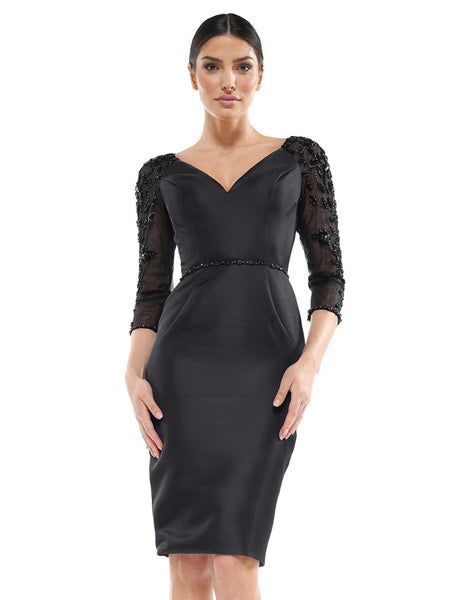 Sophisticated V-neck 3/4 Sleeves Illusion Sheer Beaded Open-Back Slit Fitted Belted Back Zipper Sheath Satin Cocktail Above the Knee Natural Princess Seams Waistline Fall Sheath Dress