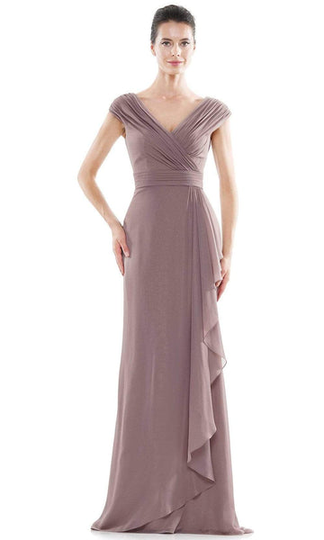 V-neck Floor Length Sheath Chiffon Cap Sleeves Natural Waistline Ruched Back Zipper V Back Pleated Sheath Dress/Mother-of-the-Bride Dress With Ruffles