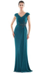 V-neck Cap Sleeves Floor Length Ruched Beaded Draped Back Zipper Open-Back Chiffon Natural Waistline Sheath Sheath Dress with a Brush/Sweep Train