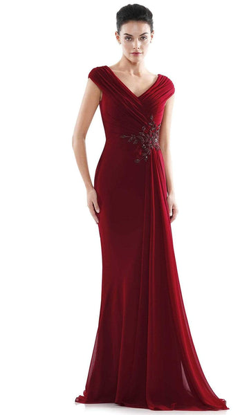 V-neck Back Zipper Draped Beaded Open-Back Ruched Chiffon Cap Sleeves Sheath Floor Length Natural Waistline Sheath Dress with a Brush/Sweep Train