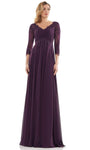 A-line V-neck 3/4 Sleeves Back Zipper Fitted Applique Floor Length Natural Waistline Evening Dress