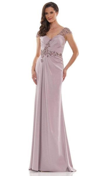 V-neck Faille Cap Sleeves Floor Length Natural Waistline Sheath Ruched V Back Beaded Crystal Fitted Back Zipper Sheath Dress/Mother-of-the-Bride Dress with a Brush/Sweep Train