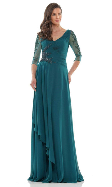 A-line V-neck Natural Waistline Floor Length 3/4 Sleeves Chiffon Back Zipper Pleated V Back Beaded Fitted Evening Dress With Ruffles