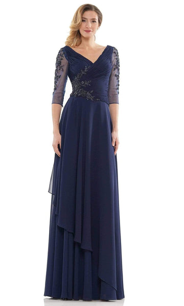 A-line V-neck Natural Waistline 3/4 Sleeves Back Zipper V Back Beaded Pleated Fitted Floor Length Chiffon Evening Dress With Ruffles
