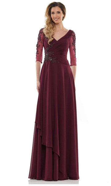 A-line V-neck Chiffon 3/4 Sleeves Fitted Beaded Back Zipper V Back Pleated Floor Length Natural Waistline Evening Dress With Ruffles
