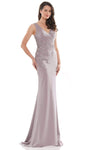 Sophisticated V-neck Sleeveless Faille Back Zipper Beaded Fitted Pleated Applique Floor Length Natural Waistline Sheath Sheath Dress with a Brush/Sweep Train