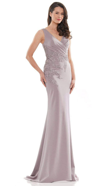 Sophisticated V-neck Beaded Pleated Fitted Applique Back Zipper Sheath Sleeveless Faille Natural Waistline Floor Length Sheath Dress with a Brush/Sweep Train