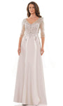 A-line V-neck Natural Waistline Back Zipper Sheer Applique Beaded Illusion Floor Length Dress