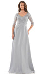 A-line V-neck Floor Length Illusion Sheer Applique Beaded Back Zipper Natural Waistline Dress