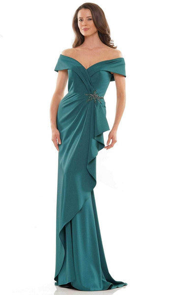 Sheath Draped Beaded Applique Slit Off the Shoulder Natural Waistline Faille Sheath Dress/Evening Dress with a Brush/Sweep Train