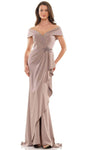 Sheath Off the Shoulder Faille Applique Beaded Draped Slit Natural Waistline Sheath Dress/Evening Dress with a Brush/Sweep Train