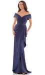 Natural Waistline Applique Beaded Slit Draped Faille Sheath Off the Shoulder Sheath Dress/Evening Dress with a Brush/Sweep Train