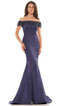 Off the Shoulder Natural Waistline Beaded Slit Applique Mermaid Evening Dress with a Brush/Sweep Train