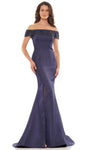 Off the Shoulder Natural Waistline Slit Beaded Applique Mermaid Evening Dress with a Brush/Sweep Train