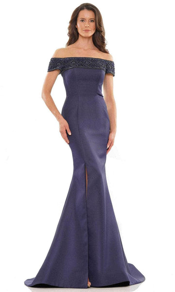 Mermaid Natural Waistline Beaded Applique Slit Off the Shoulder Evening Dress with a Brush/Sweep Train