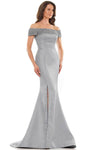 Mermaid Natural Waistline Off the Shoulder Slit Beaded Applique Evening Dress with a Brush/Sweep Train