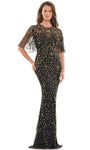 Illusion Mesh Beaded Sequined Fitted Sheath Bell Elbow Length Sleeves Natural Waistline Floral Print Jeweled Neck Sweetheart Floor Length Sheath Dress with a Brush/Sweep Train