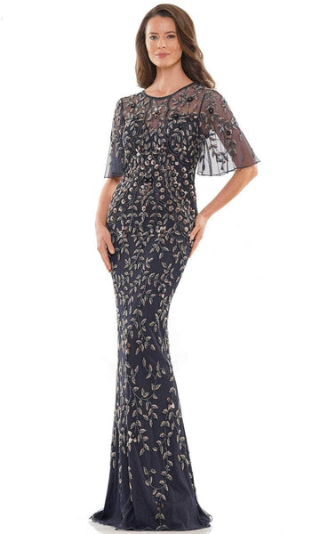 Jeweled Neck Sweetheart Natural Waistline Sheath Floral Print Floor Length Beaded Mesh Sequined Illusion Fitted Bell Elbow Length Sleeves Sheath Dress with a Brush/Sweep Train