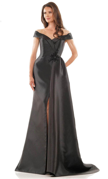 Sophisticated A-line Sweetheart Floor Length Natural Waistline Fit-and-Flare Back Zipper Fitted Beaded Slit Off the Shoulder Dress with a Brush/Sweep Train