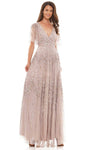 Sophisticated Modest A-line V-neck Natural Waistline General Print Sequined Back Zipper Beaded Mesh Plunging Neck Sheath Floor Length Sheer Flutter Sleeves Sheath Dress